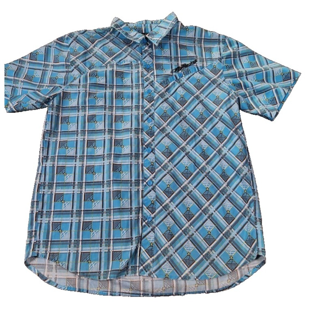 Fly‎ Racing Mens Blue Plaid Short Sleeve Button Up Shirt Large Graphic Logo